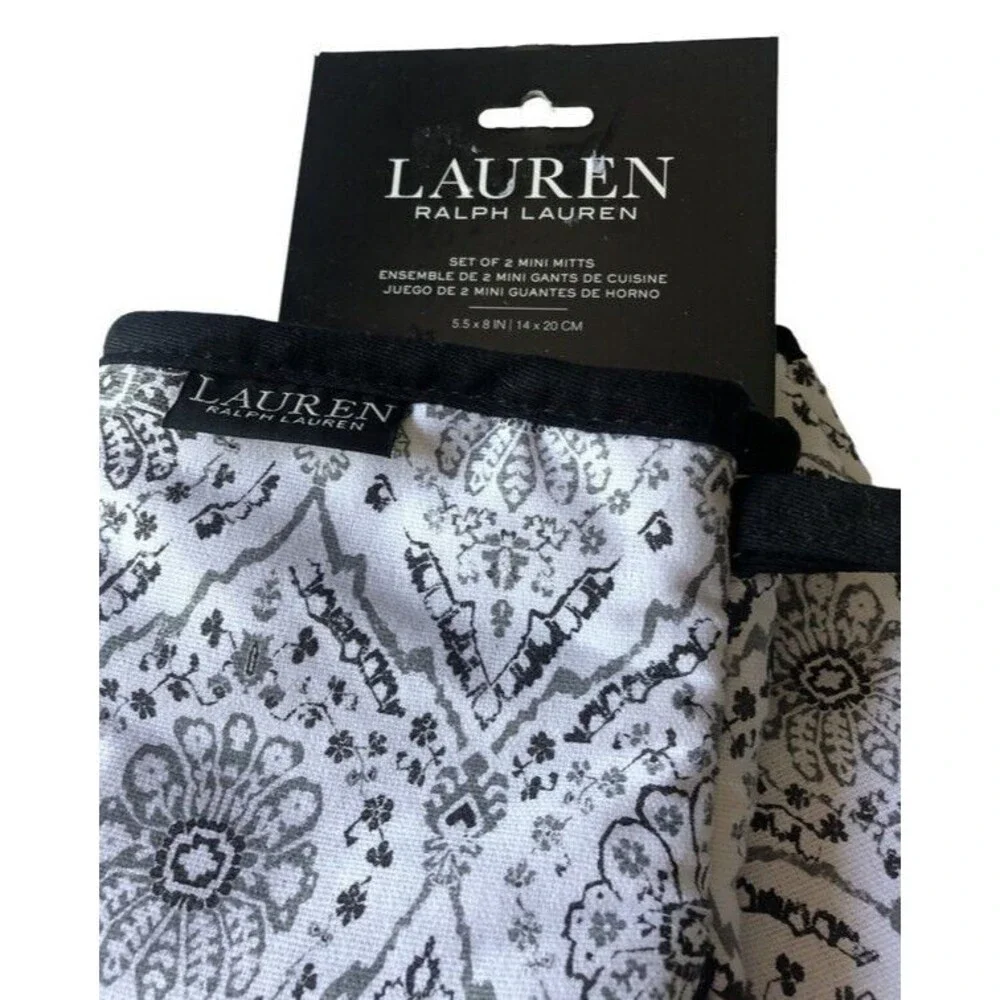 Ralph Lauren Medallion Mini Oven Mitts Neoprene Grips White Gray Black Set of 2